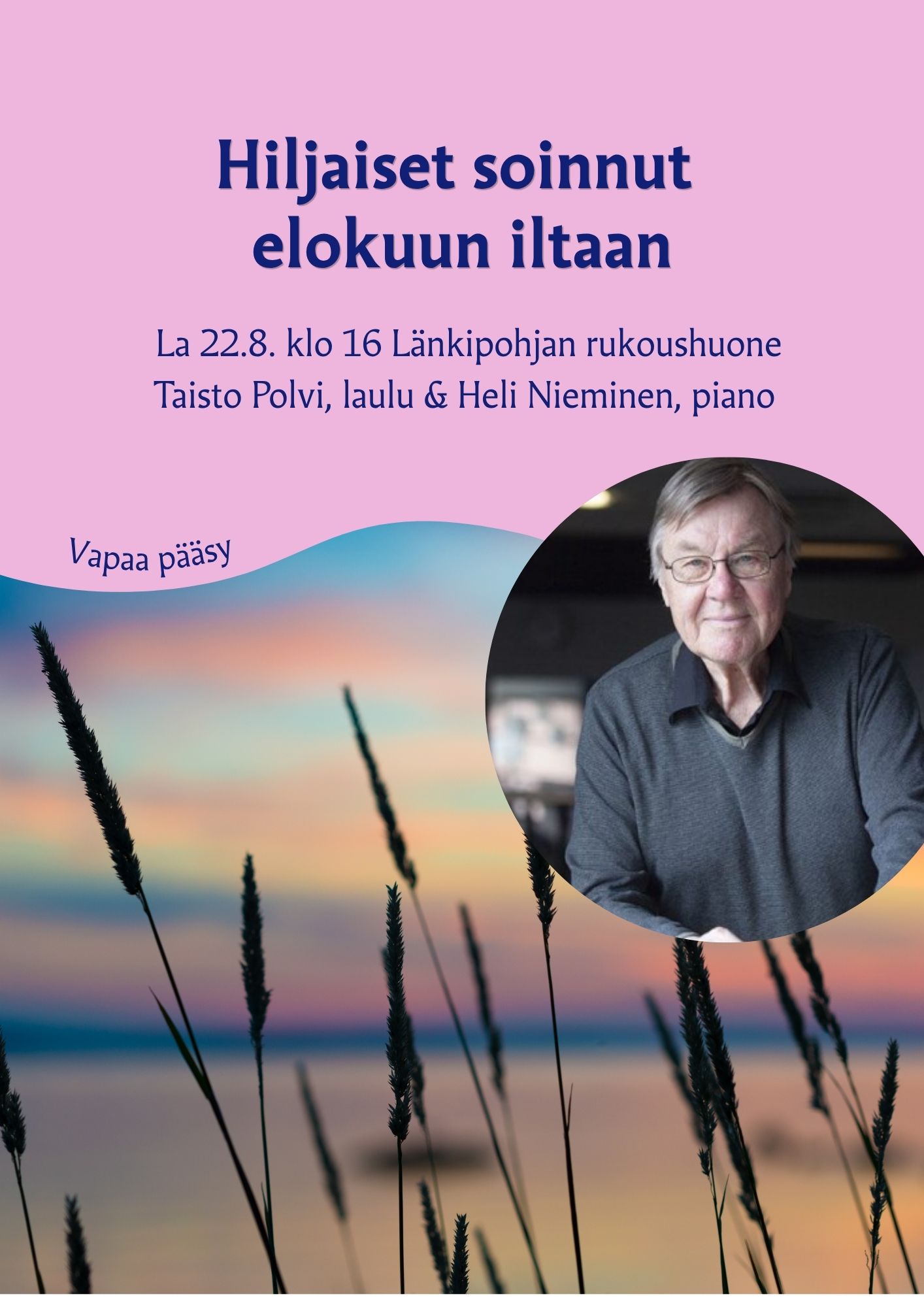 Kaislaa järveä vasten. Aurinko on laskemassa. Lukee: