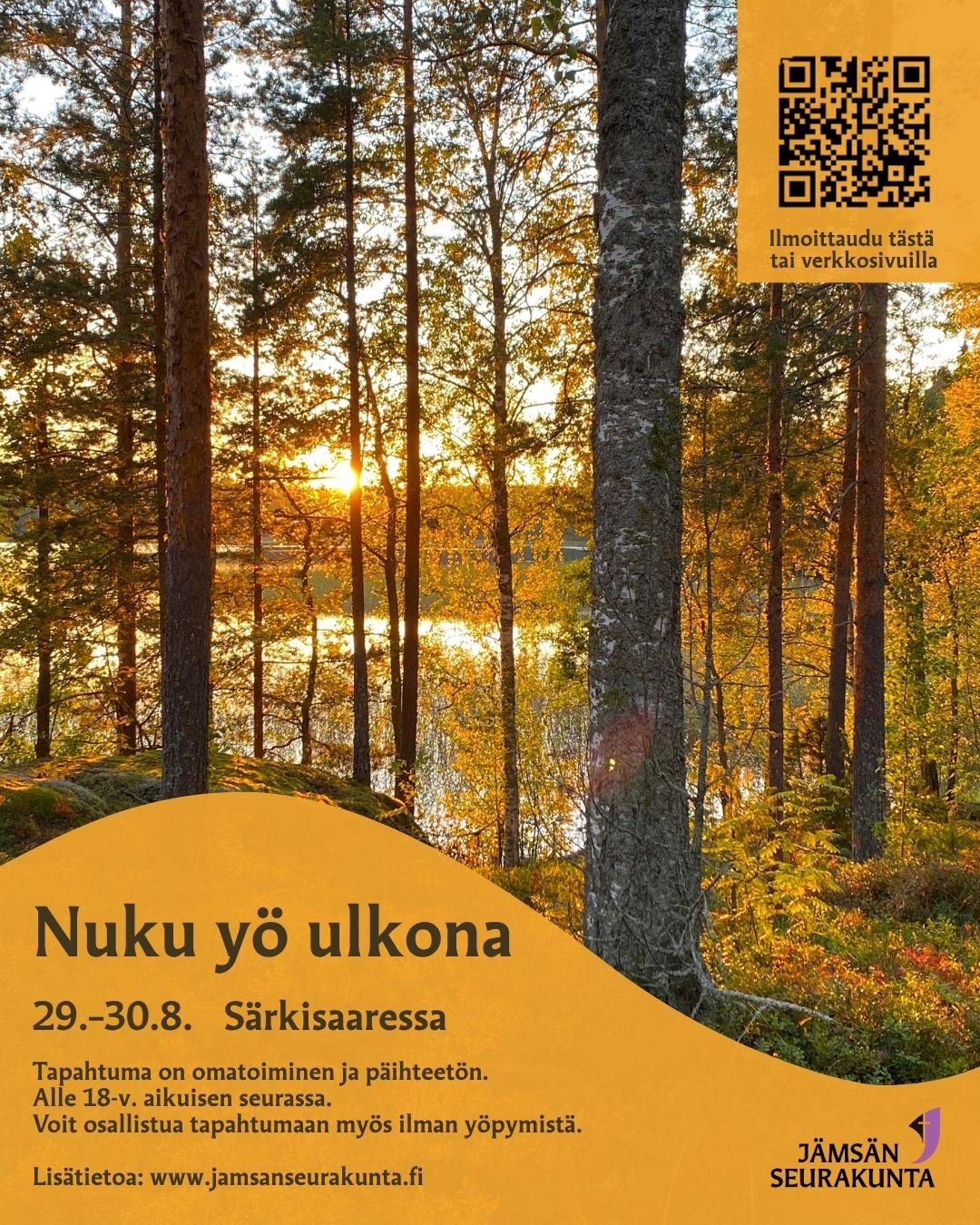 Ilta-aurinko paistaa puiden takaa. Teksti: 