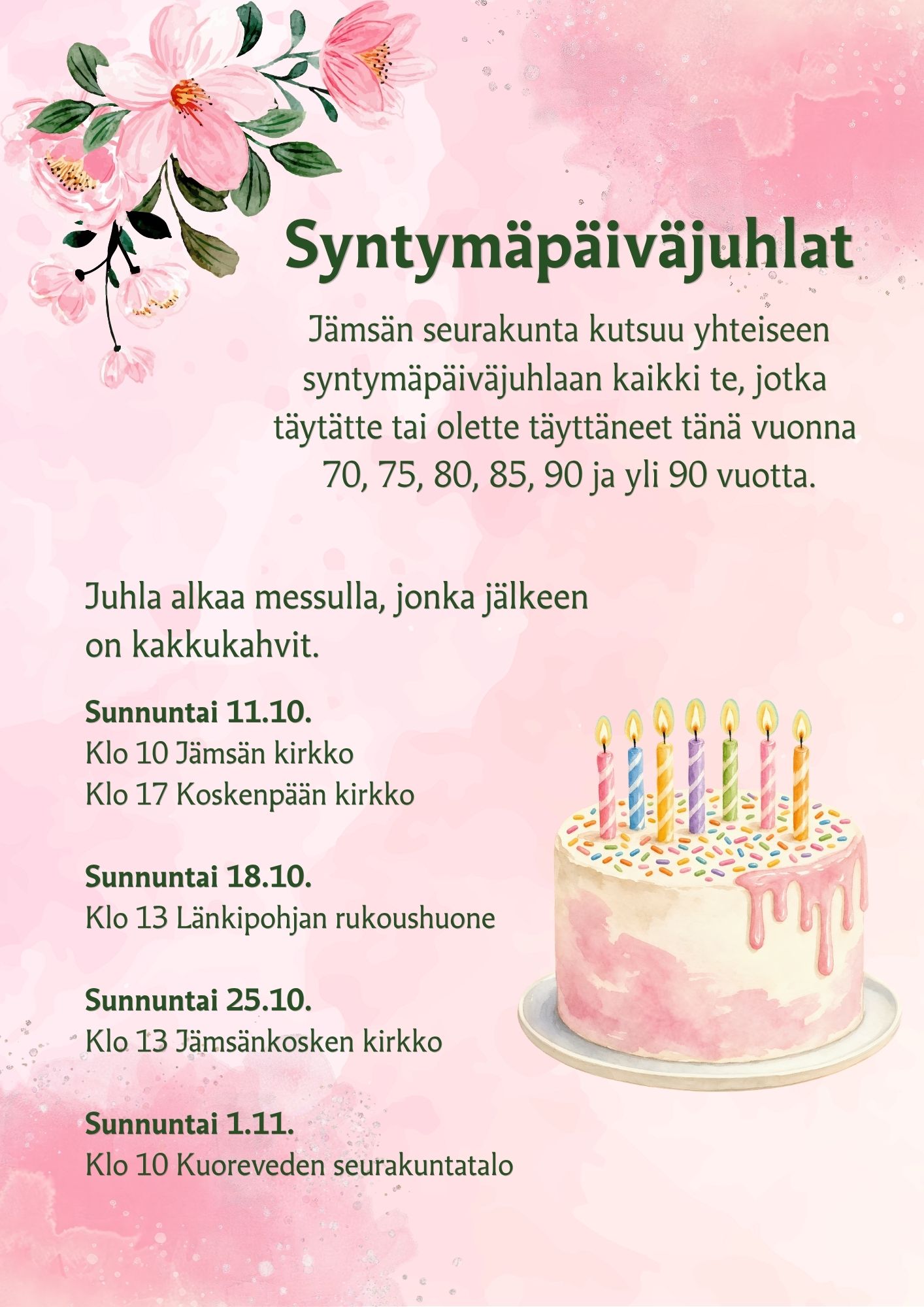 Vaaleanpunaisella taustalla vaaleanpunainen syntymäpäiväkakku ja kukkia. Lukee: 