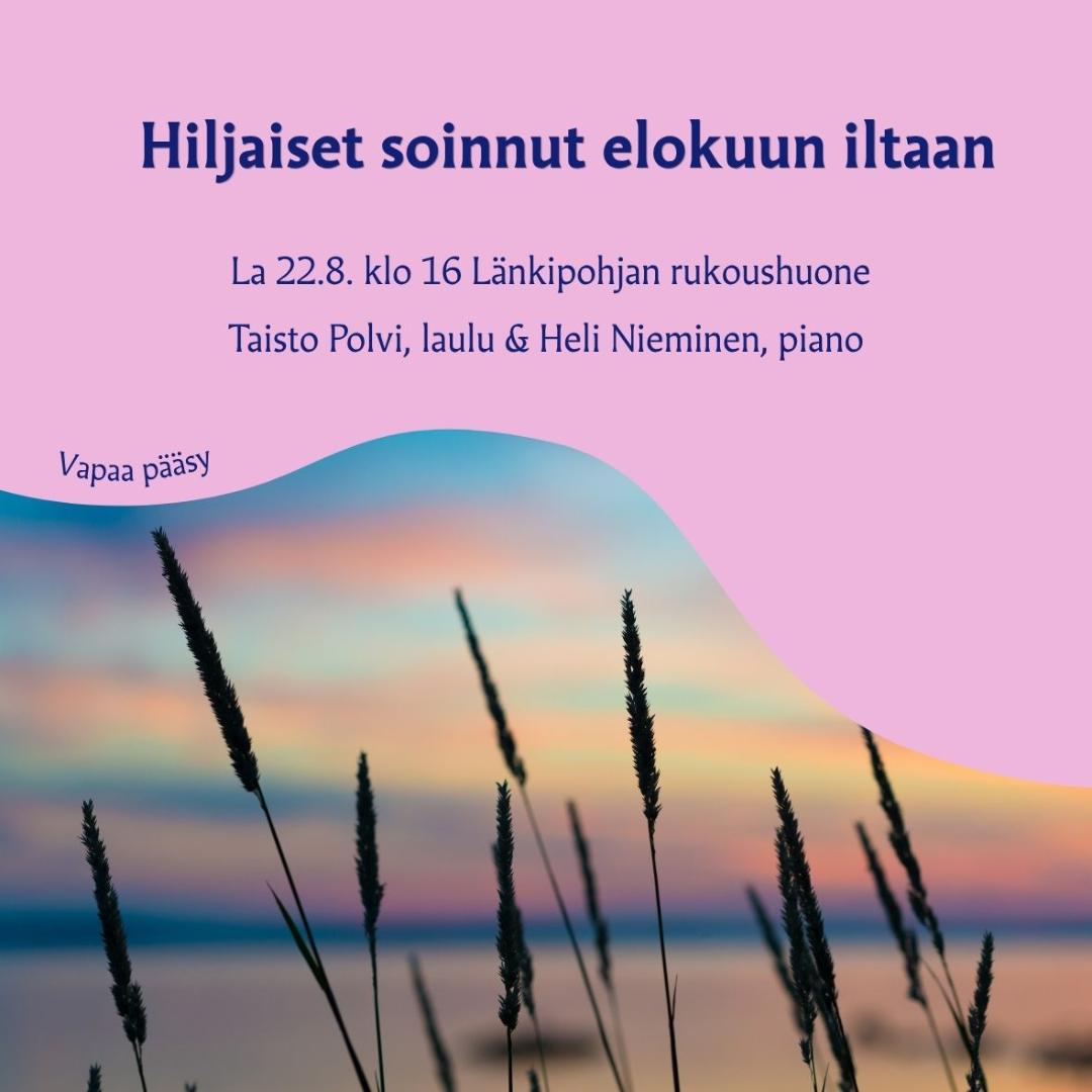 Kaislaa iltataivasta vasten. Kuvassa lukee: 