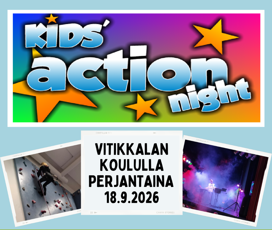 Kids' action night-teksti värikkäällä pohjalla. 