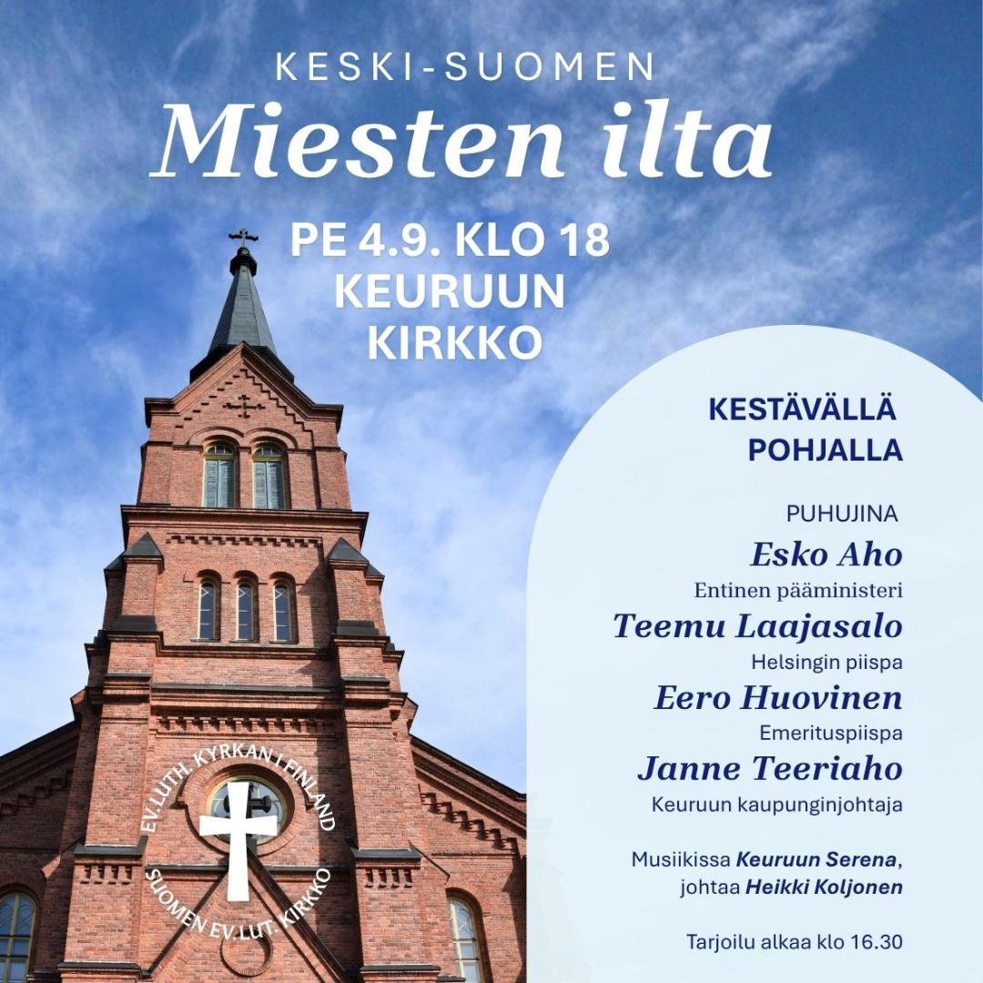 Punatiilinen kirkko sinistä taivasta vasten.