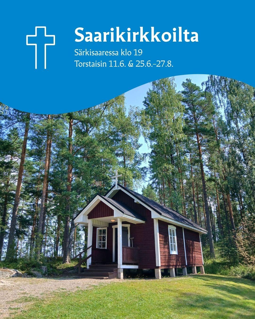 Saarikirkkoillan mainos. Punainen saarikirkko ja takana metsää.